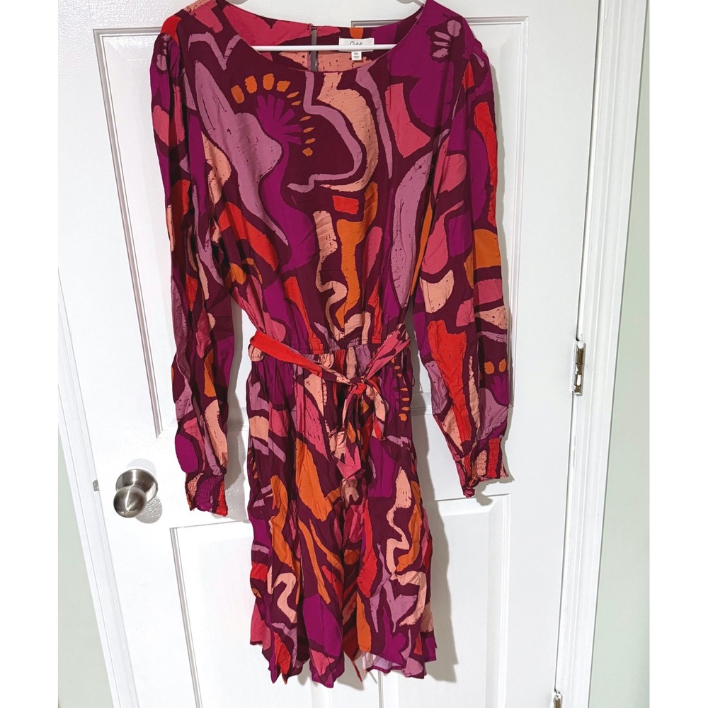 Oddi Los Angeles Abstract Print Long Sleeve Tie Waist Dress 3XL Magenta Orange